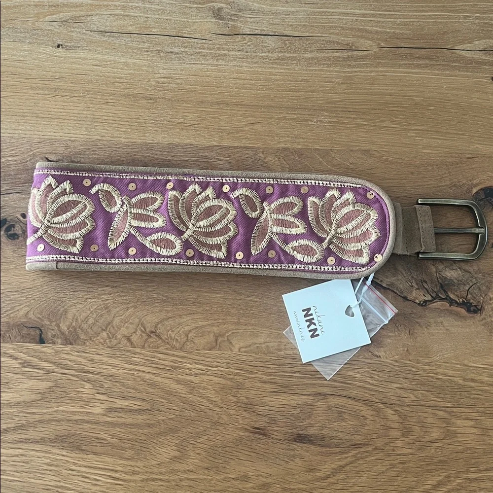 Nekane Purple Embroidered Cotton & Suede Wide Statement Belt Boho Artisan NWT